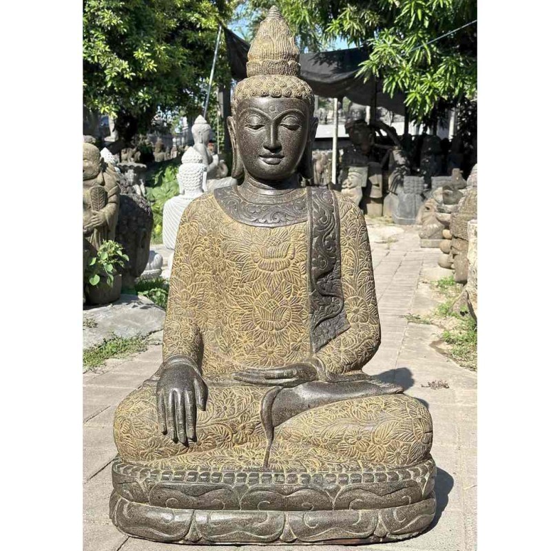Blumenkleid Buddha bhumisparsa mudra Fluss Stein 100 cm