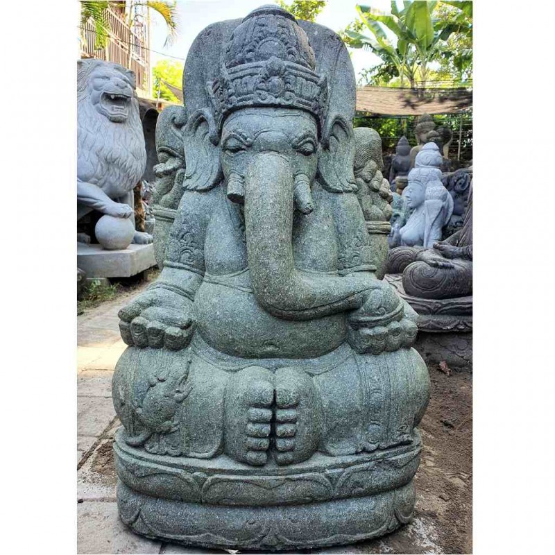 Garten Ganesha mit Maus grüner Lava Stein 80 cm