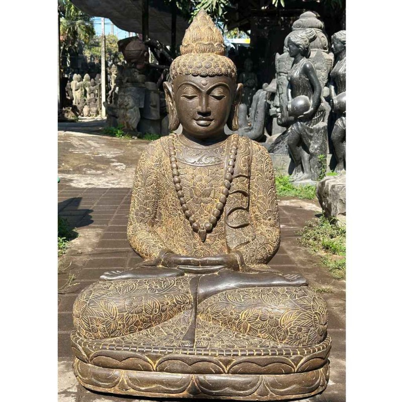 Lotus Buddha mit Mala und Blumenkleid Fluss Stein 100 cm