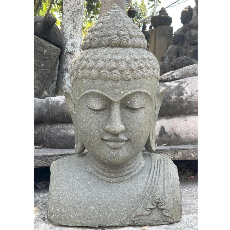 Grosser Buddha Kopf grüner Lava Stein 84 cm