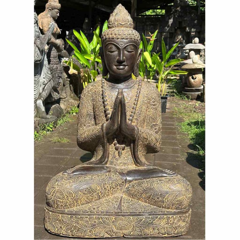 Namasté Buddha mit Blumenkleid Fluss Stein 105 cm
