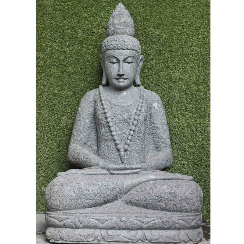 Lotus Buddha mit Mala und Blumenkleid grüner Lavastein 113 cm