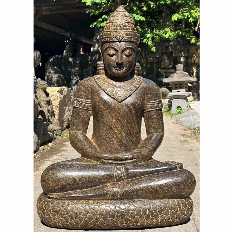 Khmer Buddha auf Naga Fluss Stein antikbraun 90 cm