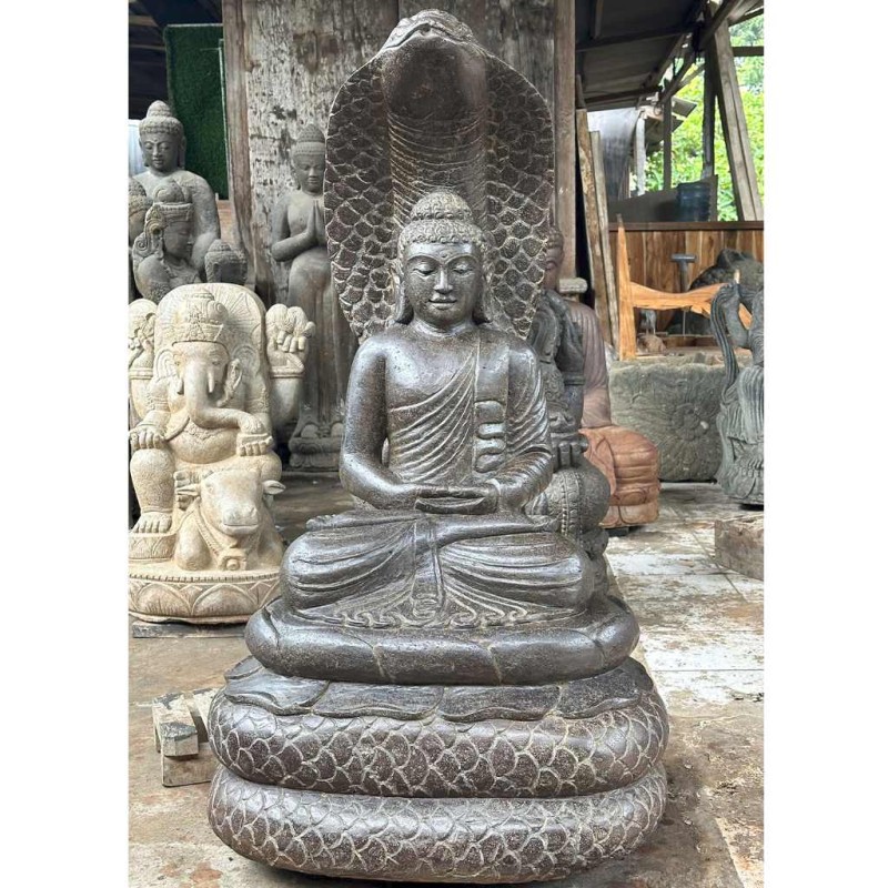 Edler Meditations Buddha mit Mucalinda Kobra Fluss Stein 100 cm