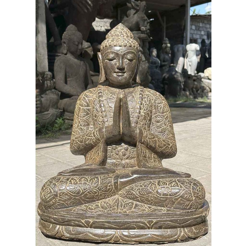 Edle Buddha Statue mit Grussgeste und Blumenkleid Fluss Stein 62 cm