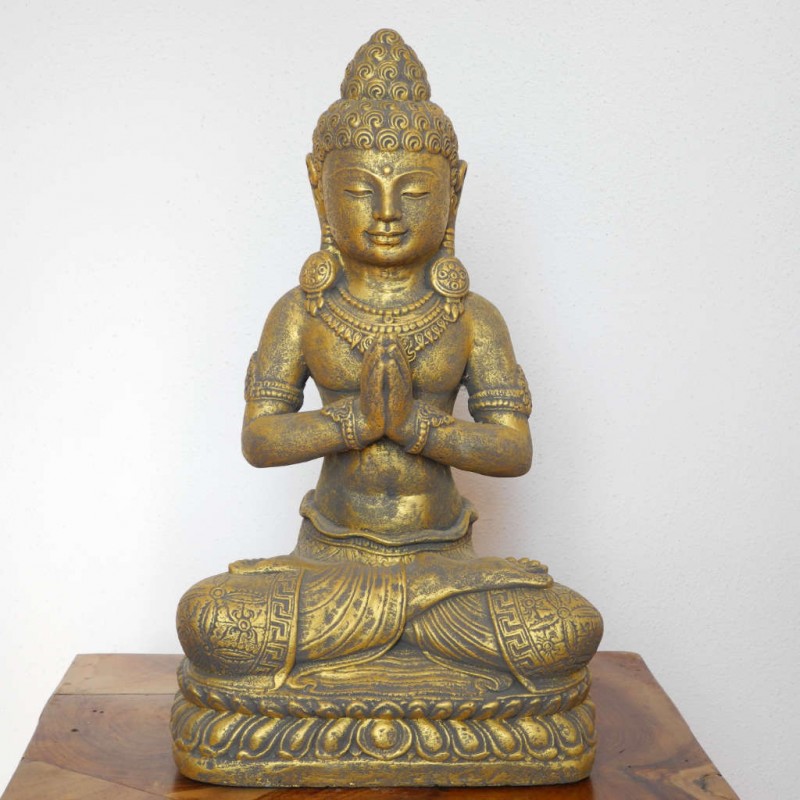 Buddha Statue mit Schmuck Stein Guss goldfarben 42 cm