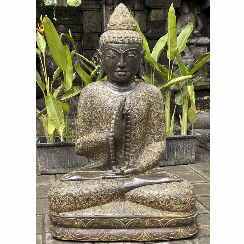Fluss Stein Buddha mit Mala in erhobener Hand 100 cm