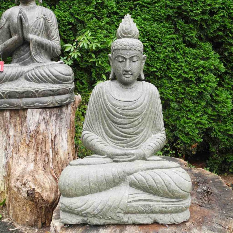 Sitzender Buddha mit Flamme grüner Lava Stein 90 cm