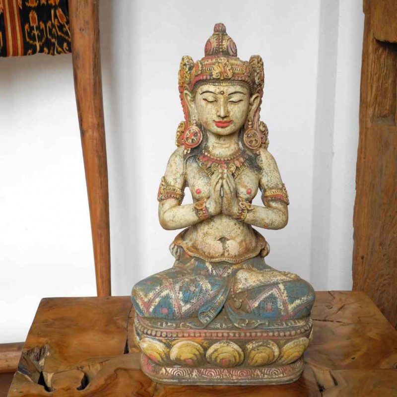 Dewi Tara Statue Willkommensgeste Steinguss handbemalt 40 cm