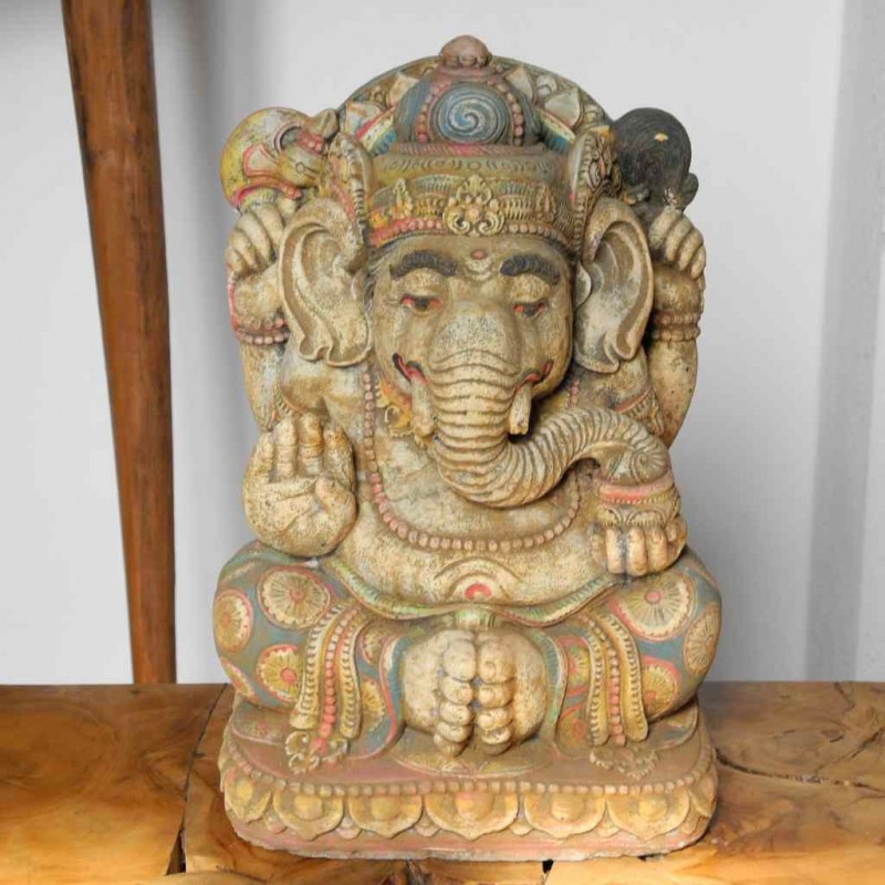 Bali Ganesha Statue Steinguss bunt bemalt 33 cm