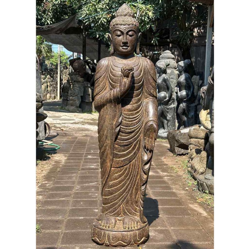 Stehender Buddha mit Lotusblüte Fluss Stein 130 cm