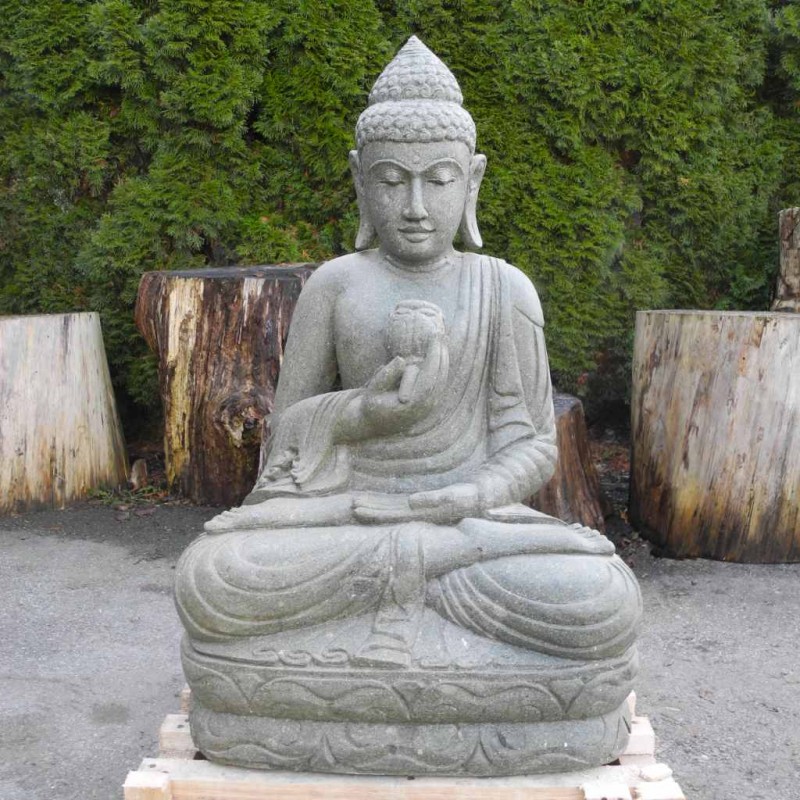 Sitzende Buddha Figur mit Lotusblüte grüner Lava Stein 102 cm