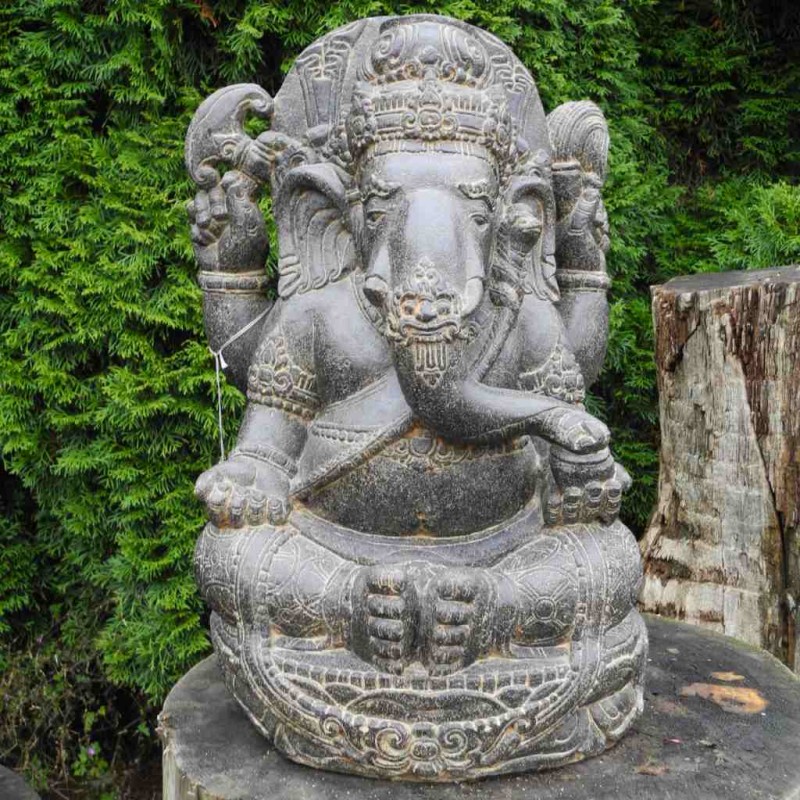 Exklusiver Ganesha mit zwei Dämonenreliefs Fluss Stein 65 cm