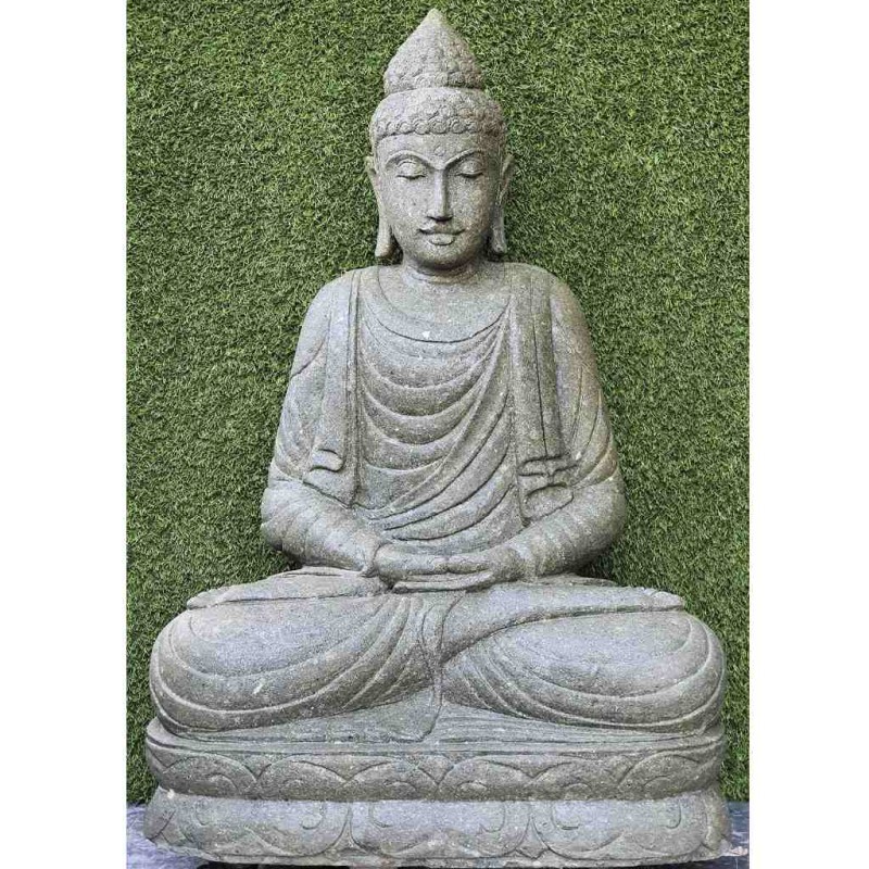 Meditierender Buddha mit elegantem Kleid grüner Lava Stein 100 cm