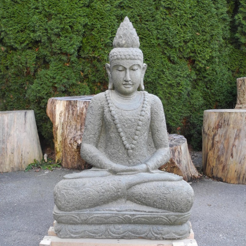 Lotus Buddha mit Mala und Blumenkleid grüner Lava Stein 115 cm