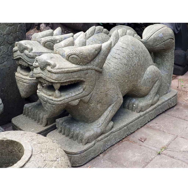 Chinesisches Glücksdrachen Paar grüner Lava Stein L 100 cm