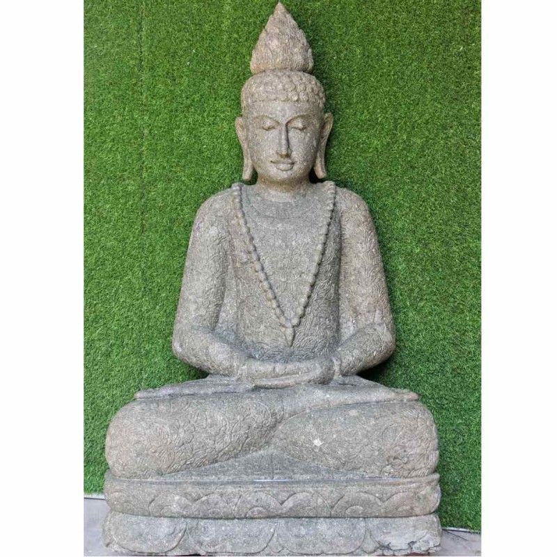 Lotus Buddha mit Mala und Blumenkleid grüner Lavastein 123 cm