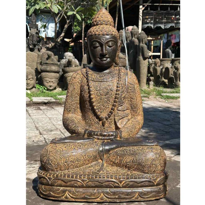 Edler Buddha mit Mala und Blumenkleid Fluss Stein 100 cm