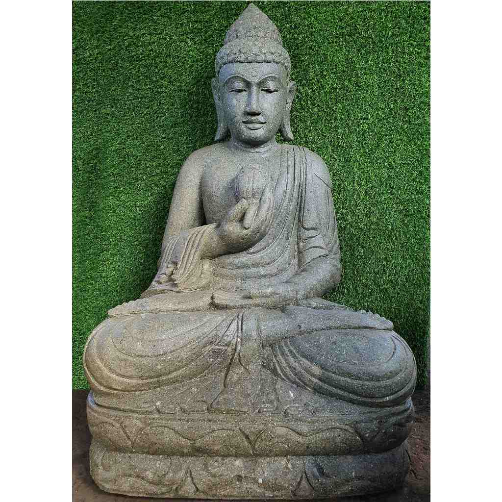 Sitzende Buddha Figur mit Lotusblüte grüner Lava Stein 104 cm - terra ...