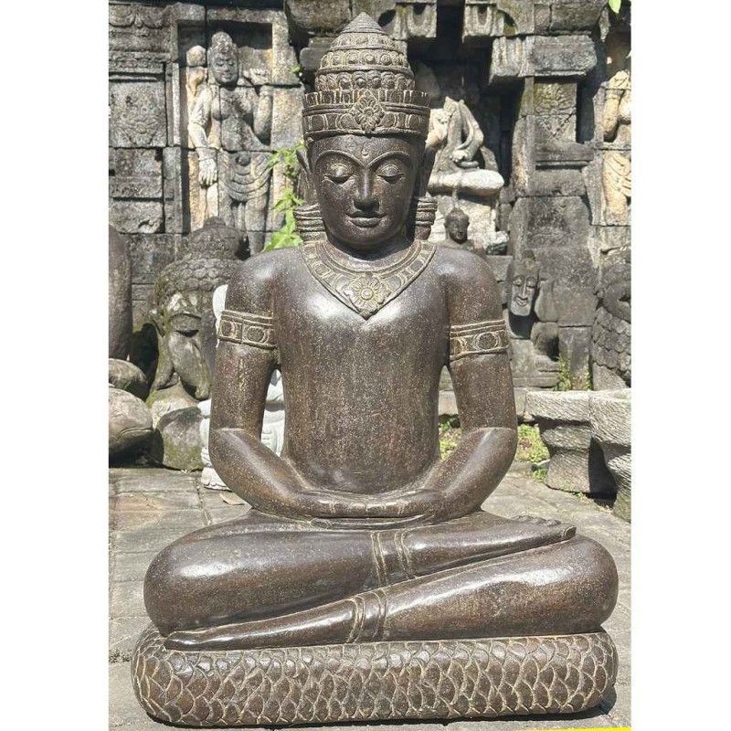 Meditierende Khmer Buddha Figur auf Naga Fluss Stein 85 cm