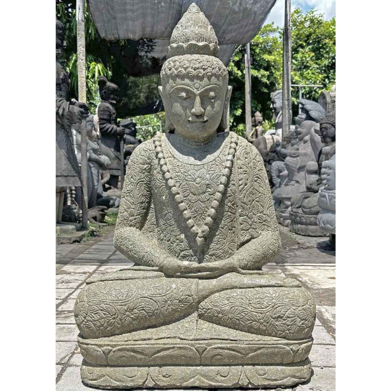 Meditations Buddha mit Blumenkleid grüner Lava Stein 100 cm