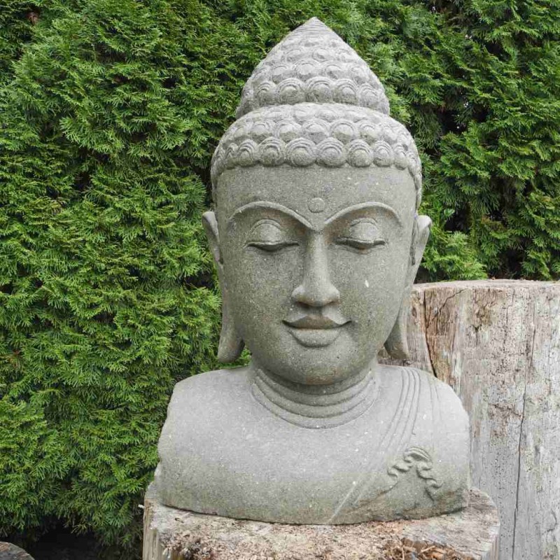 Grosser Buddha Kopf grüner Lava Stein 85 cm