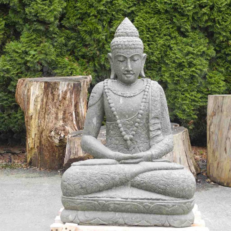 Buddha Statue mit Blumenkleid grüner Lava Stein 100 cm