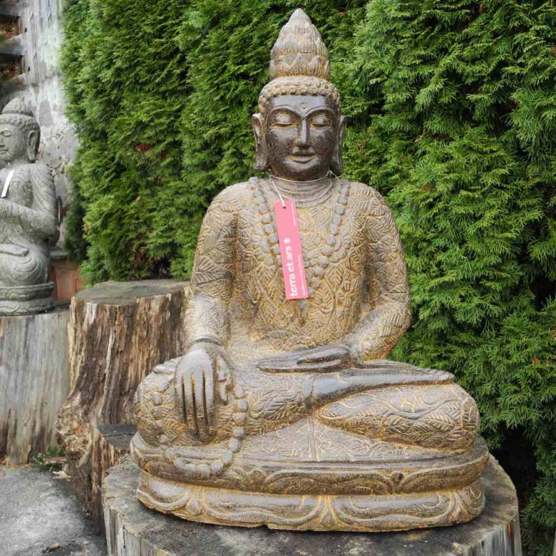 Lotus Buddha mit zwei Malas Fluss Stein 73 cm