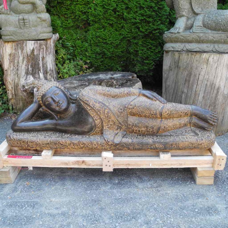 Liegende Buddha Statue mit Blumenkleid Fluss Stein 125 cm