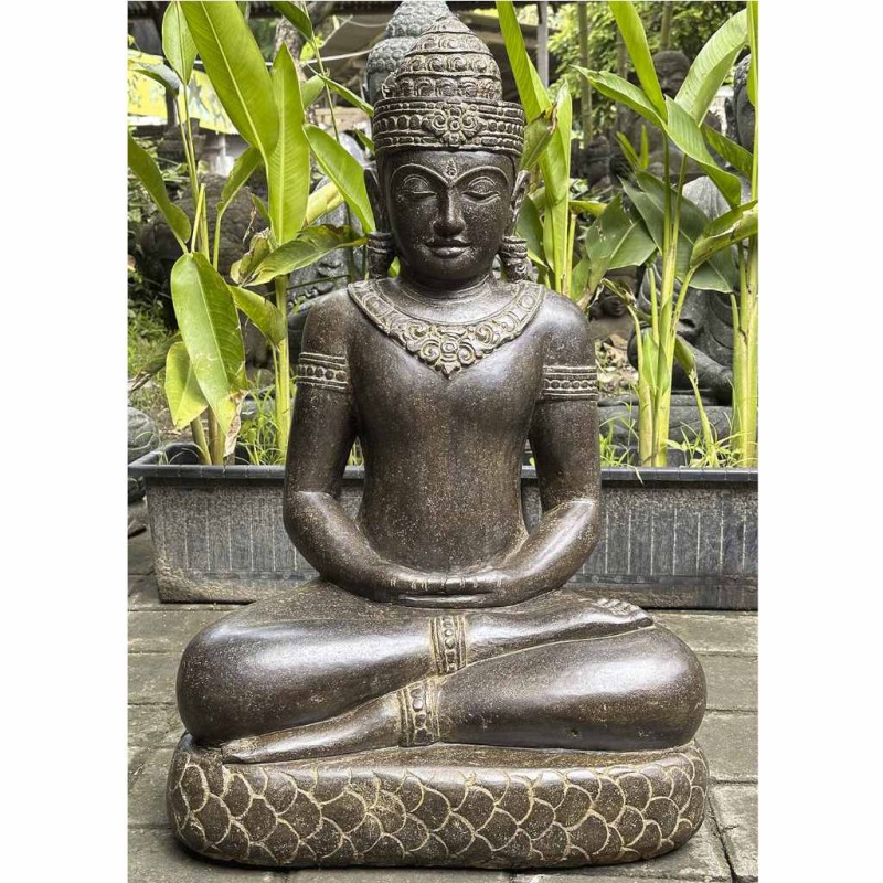 Khmer Buddha auf Naga Fluss Stein antikbraun 80 cm
