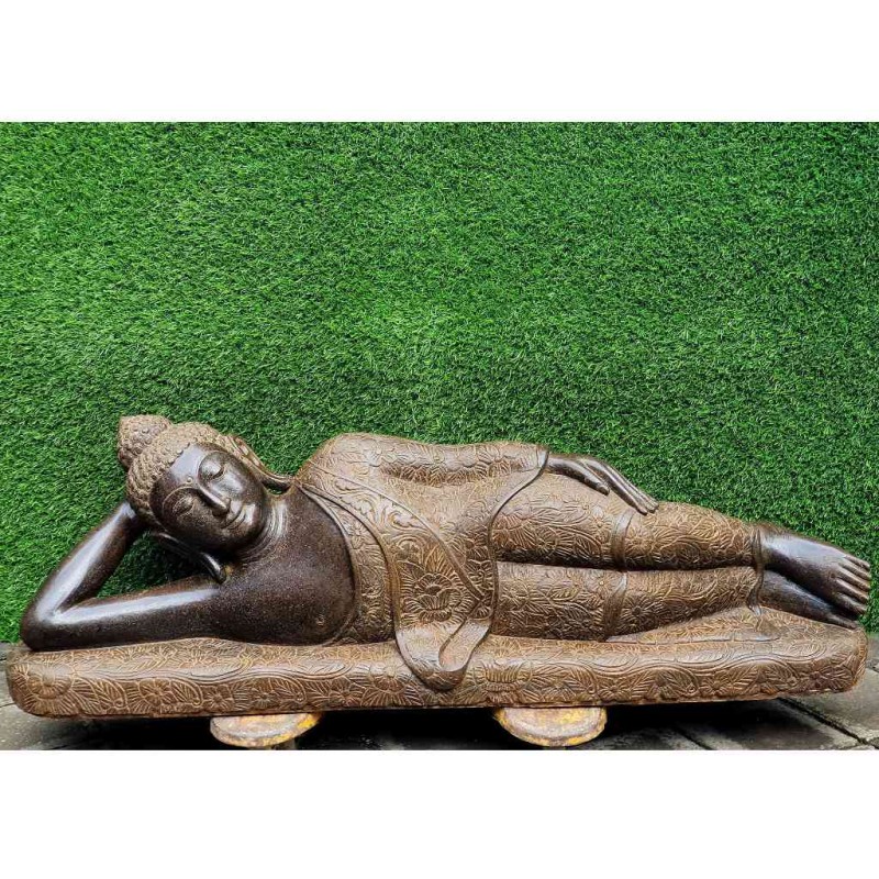 Liegende Buddha Statue mit Blumenkleid Fluss Stein 125 cm