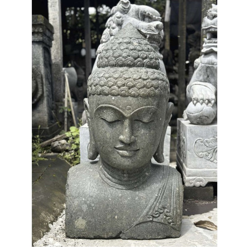 Grosser Buddha Kopf grüner Lava Stein 100 cm